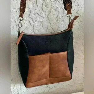Cluci Women’s Medium Black Tan Crossbody Bag Purse Embroidered Adjustable‎ Strap